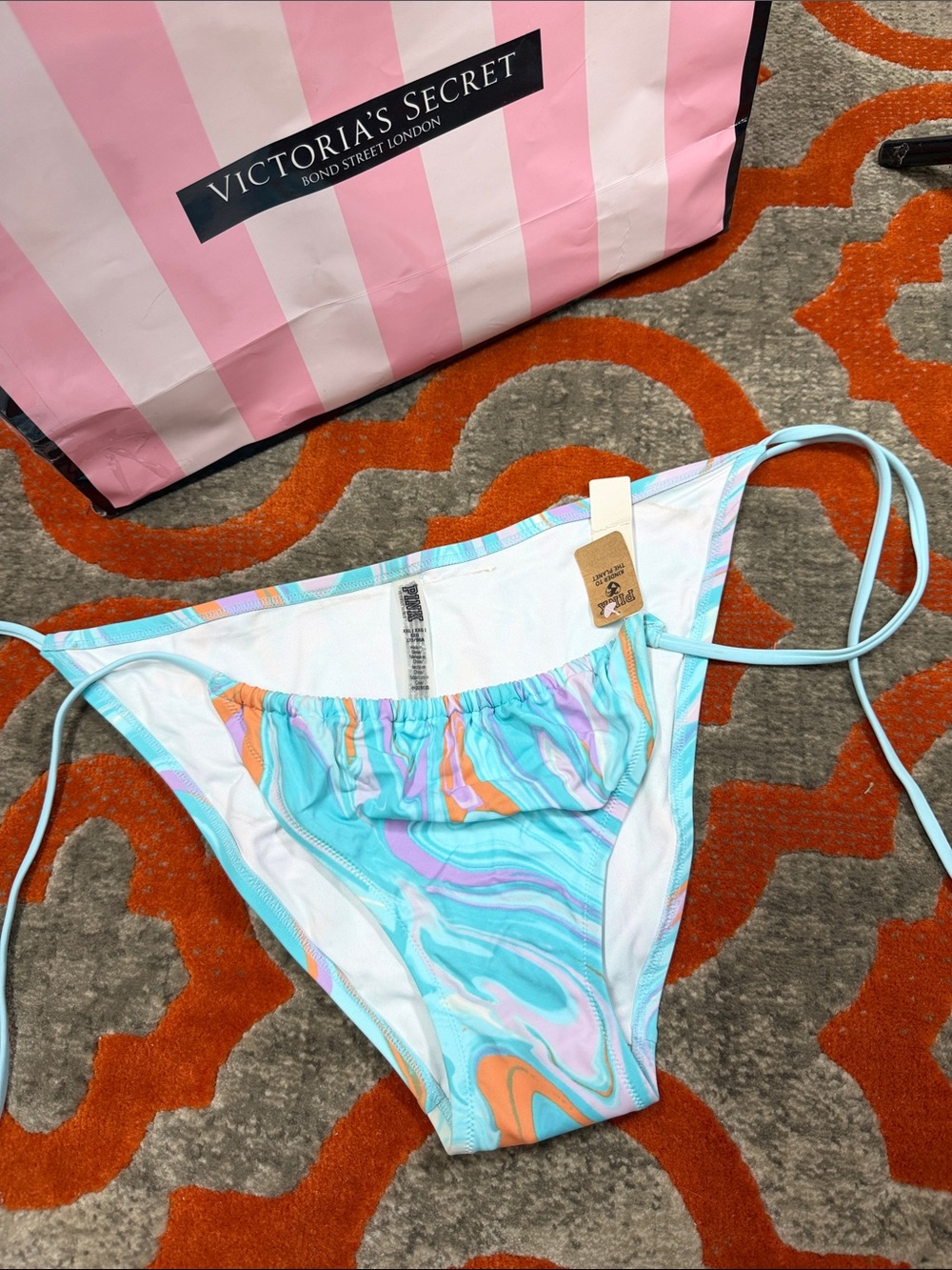 Victoria's Secret Aqua Marble String Bikini Bottom with Orange & Purple Accents